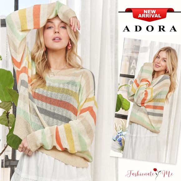 ADORA Multicolor Stripe Print Long Sleeves Lightweight Relaxed Fit Knit Sweater - Picture 1 of 8